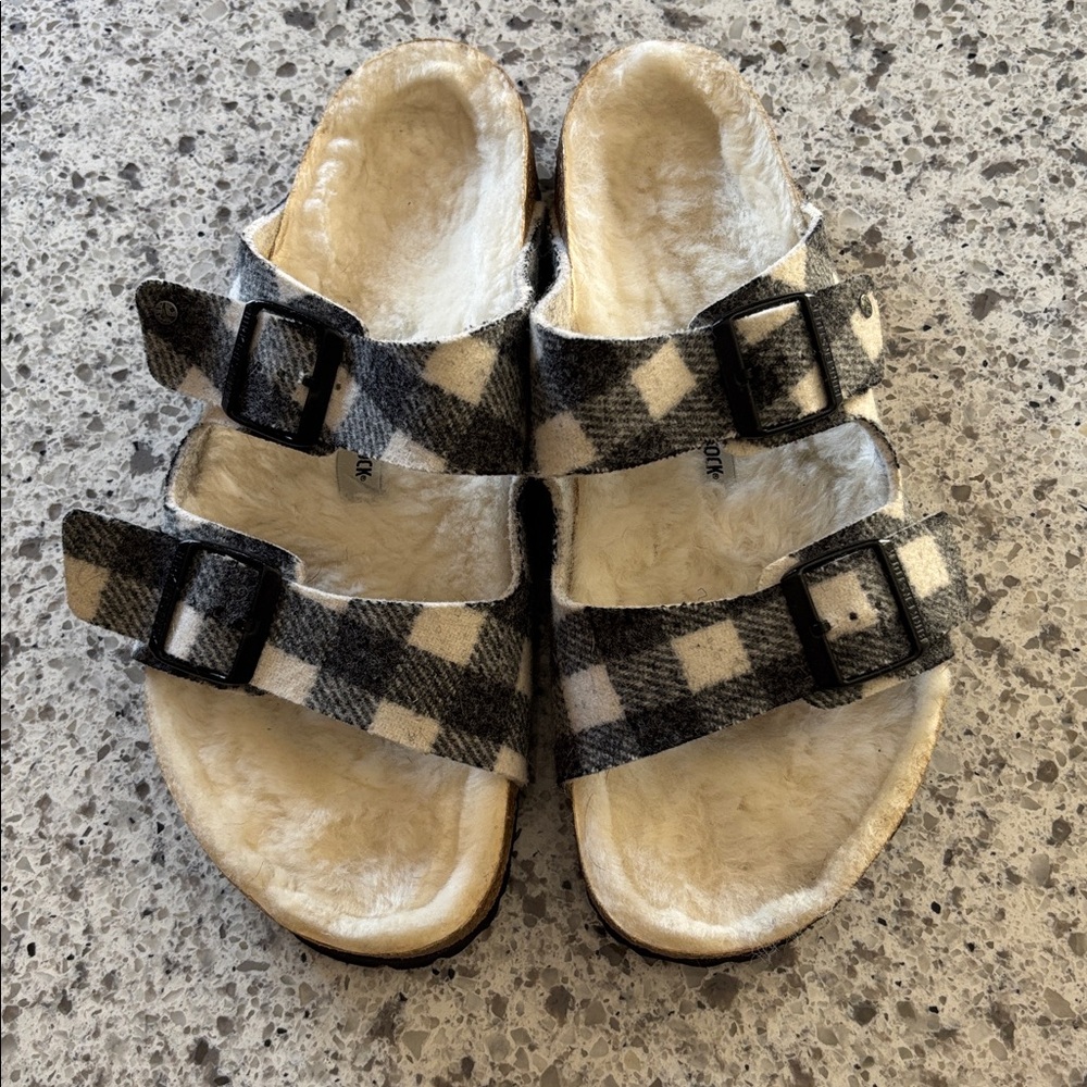 Birkenstock Fleece-Lined Sandals in Black and White Check